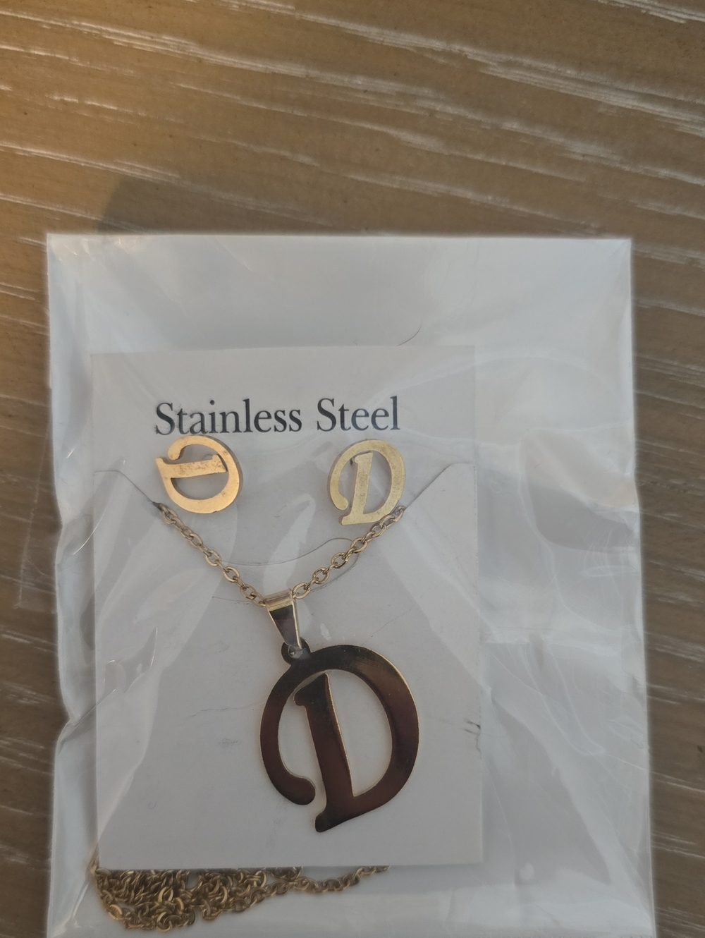 Gold Stainless Steel 'D' Initial Necklace and Earrings Set